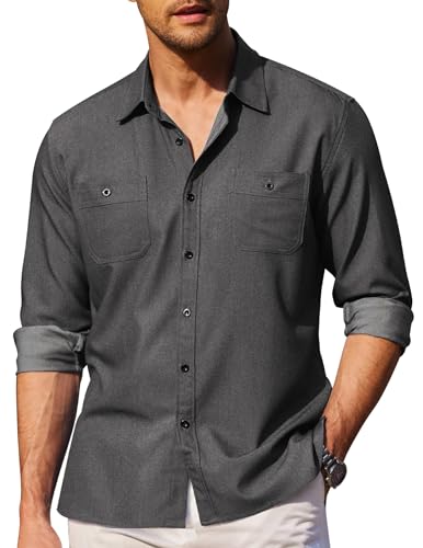 COOFANDY C Herren Casual Outdoor Hemd Utility Button Shirts Solid Shirt Langarm Regular mit Zwei Taschen, Schwarz , L von COOFANDY