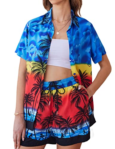COOFANDY Damen-Blusen-Set, Hawaii-Outfit, Knopf, Lounge, Strand, Trainingsanzüge, Blaue Kokosnuss, XL von COOFANDY