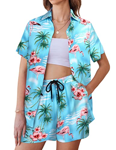 COOFANDY Damen-Blusen-Set, Hawaii-Outfit, Knopf, Lounge, Strand, Trainingsanzüge, Himmel, L von COOFANDY