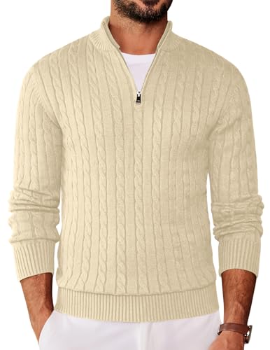 COOFANDY Feinstrick Herren Langarm Pullover Zopfmuster Sweatshirt Half Zip Winter Warm Pulli 1/4 Zip Neck TurtleneckpulloverHelles Khaki S von COOFANDY