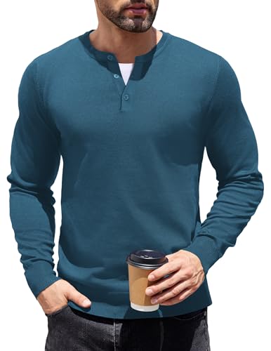 COOFANDY Feinstrick Pullover mit Henley-Kragen Herren Basic Casual Lang Ärmel Strickpullover Einfabig Knopfleiste Blau XXXL von COOFANDY