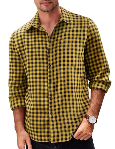 COOFANDY Flanellhemd Herren Langarm Kariertes Freizeithemd Holzfällerhemd Karo Hemd Trachtenhemd Baumwolle Schwarz Gelb 3XL von COOFANDY