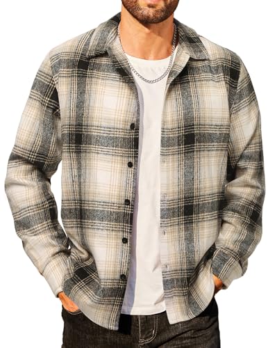 COOFANDY Flanellhemden Herren Langarm Kariert Arbeits Holzfällerhemd Warm Winter Black&beige Plaid XXL von COOFANDY