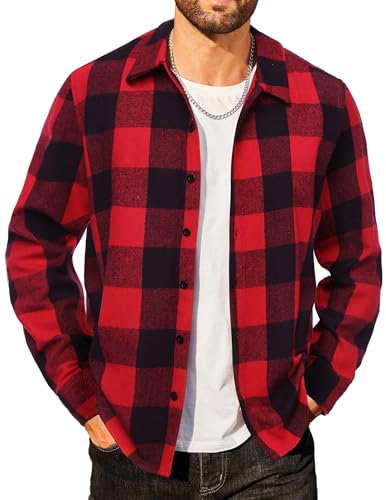 COOFANDY Flanellhemden Herren Langarm Kariert Arbeits Holzfällerhemd Warm Winter Karo Thermohemd Rot & Schwarz XL von COOFANDY