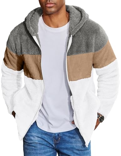 COOFANDY Fleecejacke Sweatshirt für Herren Kapuzenpullover mit full Ziper Jacke Übergangs Dunkel Grau+Braun+Weiß XL von COOFANDY