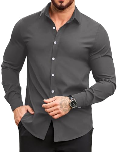 COOFANDY Freizeithemd Herren Einfarbig Regular Fit Freizeithemd Button Down Shirt Bügelfreie Hemden Dunkelgrau XXL von COOFANDY