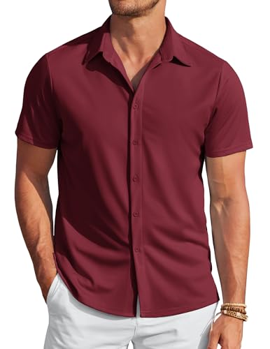 COOFANDY Sommer Hemden Herren Kurzarm Bügelfrei Freizeithemd Regular Fit Casual Hemd Outdoor Button Down Shirt Rotwein XXL von COOFANDY