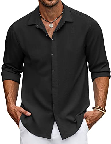 COOFANDY Freizeithemd Herren Langarm Hemd Leinen Sommerhemd Strand Hemden Button Down Regular Fit Bluse Schwarz XL von COOFANDY
