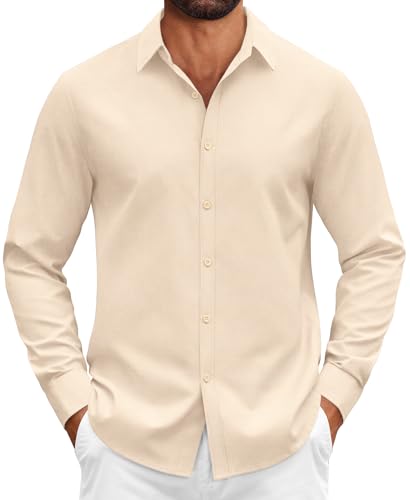 COOFANDY Freizeithemd Langarm Stretch Baumwolle Sportlich Button Down Oberhemd Business Männer Hemd Beige M von COOFANDY