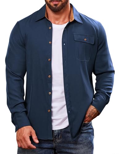 COOFANDY Freizeithemden Herren Langarm Button-up Comfort Flanellhemd Normale Passform Arbeitenhemd Blau XXL von COOFANDY