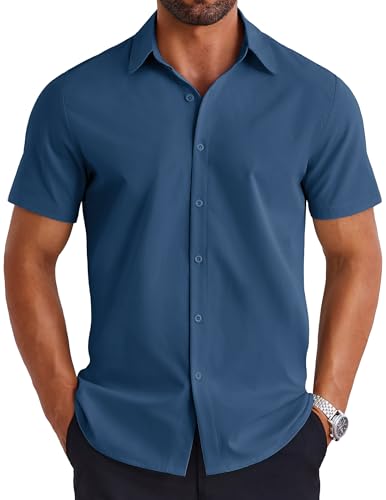 COOFANDY Herren Kurzarmhemd Businesshemd Leichtes Sommerhemd Bügelfrei Regular Fit Modische Basic Shirt Navyblau L von COOFANDY