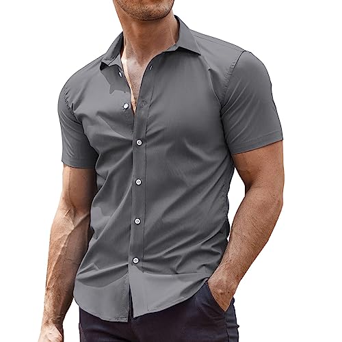 COOFANDY Freizeithemden für Herren Hemd Kurzarm Business Hemden Comfort Fit Kurzarmhemd Freizeithemden Button Down Hemd Baumwolle Grau 2XL von COOFANDY