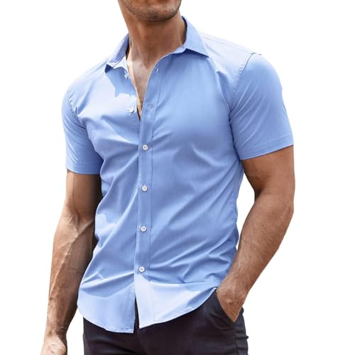 COOFANDY Hemd Herren Kurzarm Sommerhemd Herrenhemd Kurzarm Bügelfrei Business Hemd Freizeithemd Baumwolle Stretch Kurzarmhemd Sommer Hemd Männer Blau XXL von COOFANDY
