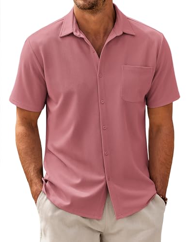 COOFANDY Freizeithemden für Herren Klassisches Hemden Textured Kurzarm Casual Kent Kragen Hemd mit Tasche Elastisch Shirt Stretch Rosa L von COOFANDY