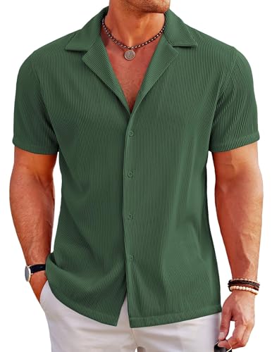 COOFANDY Herren Hemd Kurzarm Freizeithemd Sommerhemd Kurzarmhemd Business Hemd Männer Strandhemden Regular Fit Herrenhemd Kurzarm Grüne Olive XL von COOFANDY