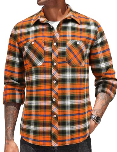 COOFANDY Flanellhemd Herren Langarm Hemd Karierte Baumwollhemd Freizeithemden Karohemd Lightweight Holzfällerhemd Orange & Blau S von COOFANDY