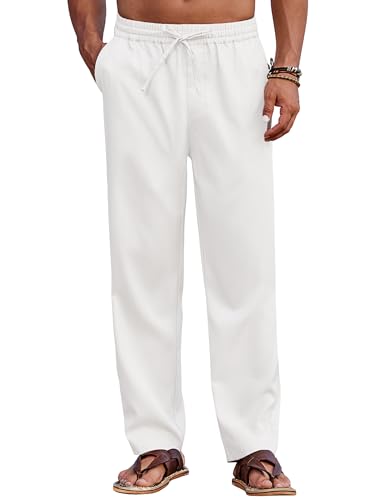 COOFANDY Herren Hose Lang mit Gummibund Freizeithose Sommerhosen Stoffhose Dünne Herrenhosen Strandhose Schlupfhose Männer Hose Weiß L von COOFANDY