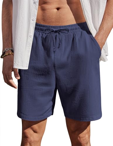 COOFANDY Freizeithosen Kurze Leinen Hosen Herren Shorts mit Tunnelzug Männer Sommerhose aus Baumwolle Chino Hose mit Taschen Navyblau 5XL von COOFANDY