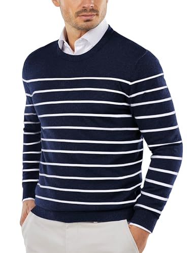 COOFANDY Gestreifter Pullover Herren Strickpullover Rundhals Sweater Elegant Feinstrick Winterpullover Männer Pulli Blau Weiß M von COOFANDY