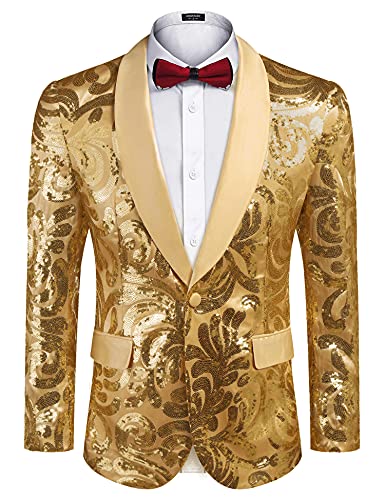 COOFANDY Glänzende Herren-Blazer mit Pailletten, florales Design, Smoking für Party, Hochzeit, Bankett, Abschlussball, gold, XX-Large von COOFANDY