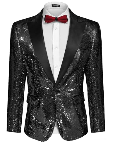 COOFANDY Glänzende Pailletten-Anzugjacke für Herren, Blazer mit einem Knopf, Smoking für Party, Hochzeit, Bankett, Abschlussball, Pitch-Black, XX-Large von COOFANDY