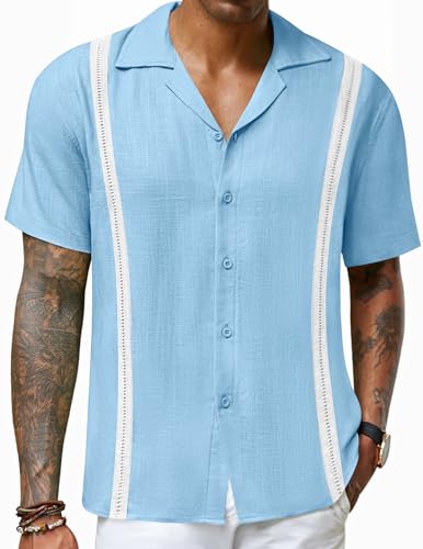 COOFANDY Guayabera Hemd Leinen Herren Kurzarm Freizeithemd Regular Fit Strandhemd Sommer Hemden Cuban Hellblau&Weiß XL von COOFANDY