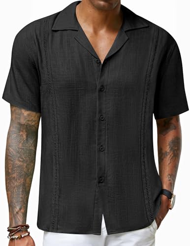 COOFANDY Guayabera Hemd Leinen Herren Kurzarm Freizeithemd Regular Fit Strandhemd Sommer Hemden Cuban Schwarz M von COOFANDY