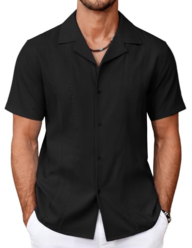 COOFANDY Guayabera Hemden für Herren, kubanisch, kurzärmelig, Knopfleiste, Sommerhemden, Leinenhemden, Schwarz, XL von COOFANDY