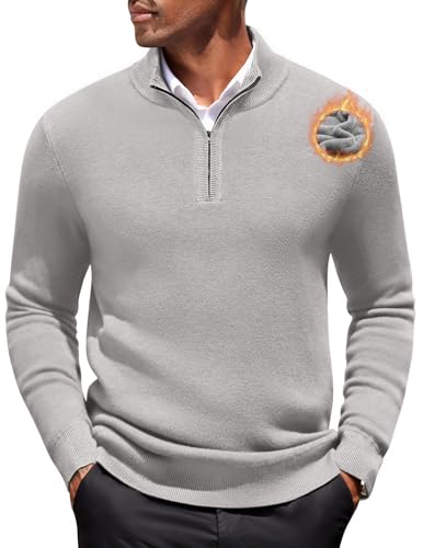 COOFANDY Half Zip Pullover Herren Fleece Pullover Gefüttert Rollkragenpullover Troyer Strickpullover mit Reissverschluss Winterpullover Herren Warm Hellgrau L von COOFANDY
