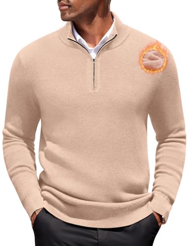 COOFANDY Half Zip Pullover Herren Fleece Pullover Gefüttert Rollkragenpullover Troyer Strickpullover mit Reissverschluss Winterpullover Herren Warm Khaki L von COOFANDY