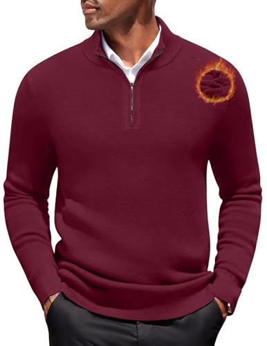 COOFANDY Half Zip Pullover Herren Fleece Pullover Gefüttert Rollkragenpullover Troyer Strickpullover mit Reissverschluss Winterpullover Herren Warm Weinrot L von COOFANDY