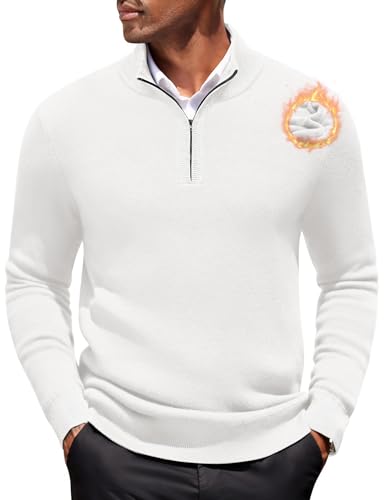 COOFANDY Half Zip Pullover Herren Fleece Pullover Gefüttert Rollkragenpullover Troyer Strickpullover mit Reissverschluss Winterpullover Herren Warm Weiß L von COOFANDY
