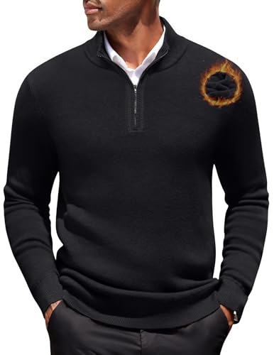 COOFANDY Half Zip Pullover Herren Fleece Pullover mit Reißverschluss Rollkragenpullover Strickpullover Langarm Winterpullover Warm Turtleneck Sweater Schwarz XL von COOFANDY