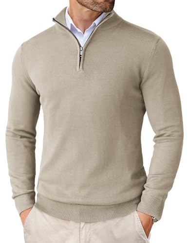 COOFANDY Herren Half Zip Pullover Stehkragen Pullover Zipper Troyer mit Reißverschluss Bussiness Solid Pullover Khaki S von COOFANDY