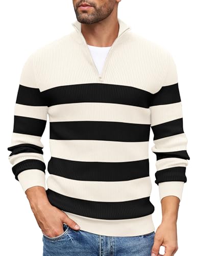 COOFANDY Half Zip Pullover Herren Strickpullover Rollkragenpullover Troyer Pulli Leichte warm Arbeitspullover Winterpullover Rollkragenpulli Beige & Schwarz Streifen XL von COOFANDY