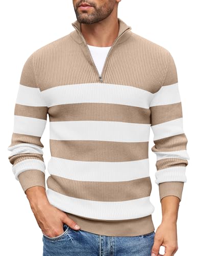 COOFANDY Half Zip Pullover Herren Strickpullover Rollkragenpullover Troyer Pulli Leichte warm Arbeitspullover Winterpullover Rollkragenpulli Khaki & Weiß Streifen XXL COOFANDY Half Zip Pullover Herren Strickpullover Rollkragenpullover Troyer Pulli Leichte warm Arbeitspullover Winterpullover Rollkragenpulli Khaki & Weiß Streifen XXL von COOFANDY