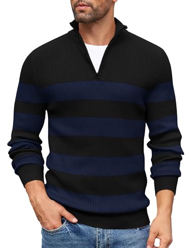 COOFANDY Half Zip Pullover Herren Strickpullover Rollkragenpullover Troyer Pulli Leichte warm Arbeitspullover Winterpullover Rollkragenpulli Schwarz & Marineblau Streifen 3XL von COOFANDY