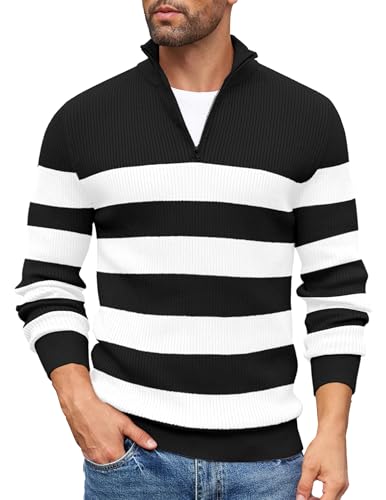 COOFANDY Half Zip Pullover Herren Strickpullover Rollkragenpullover Troyer Pulli Leichte warm Arbeitspullover Winterpullover Rollkragenpulli Schwarze & Weiß Streifen XL COOFANDY Half Zip Pullover Herren Strickpullover Rollkragenpullover Troyer Pulli Leichte warm Arbeitspullover Winterpullover Rollkragenpulli Schwarze & Weiß Streifen XL von COOFANDY