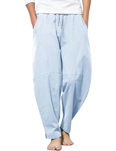 COOFANDY Haremshose Herren Leinen Hosen Mit Tunnelzug Yogahose mit Taschen Sommer Lange Hosen Leinen Chino Hose Herren Hellblau M von COOFANDY