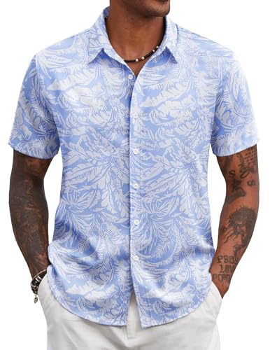 COOFANDY Hawaii Hemd Herren Kurzarm Leichtes Sommerhemd Strandhemd Blumenmuster Hemd Kurzarmhemd Herrenhemden Kurzarm Regular Fit Blau & Weiß XXL von COOFANDY