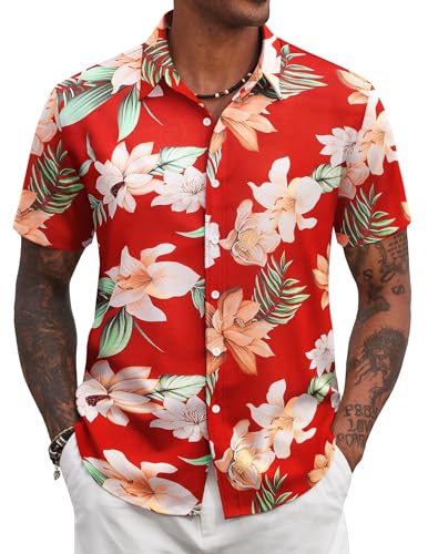 COOFANDY Hawaii Hemd Herren Leichtes Sommerhemd Strandhemd Blumenmuster Hemd Kurzarmhemd Herrenhemden Kurzarm Relaxed Fit Rot & Blumenmuster XL von COOFANDY