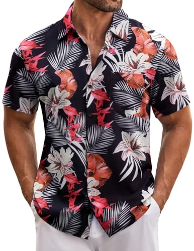 COOFANDY Hawaii Hemd Kurzarm Männer Sommer Button Down Hemd Herren Casual Blumenmuster Hawaii Hemden Outdoor Regular Fit Freizeithemden mit Tasche PAT16 XXL von COOFANDY