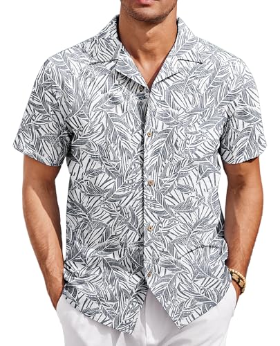 COOFANDY Hawaii Hemd Männer Baumwolle Hawaii Kurzarmhemd Freizeit Sommer Strand Hemden für Herren Grau Blau XL von COOFANDY