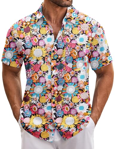 COOFANDY Hawaii Hemd Männer Button Down Hemd Herren Kurzarm Casual Sonnenblume Hawaii Hemden Blumenmuster Sommerhemd Regular Fit Freizeithemden mit Tasche PAT2 M von COOFANDY