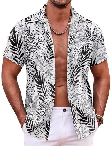 COOFANDY Hawaii Hemd Männer Funky Hawaiihemd Herren Sommer Kurzarm Button Down Shirt Schwarz-weiße Blätter XXL von COOFANDY