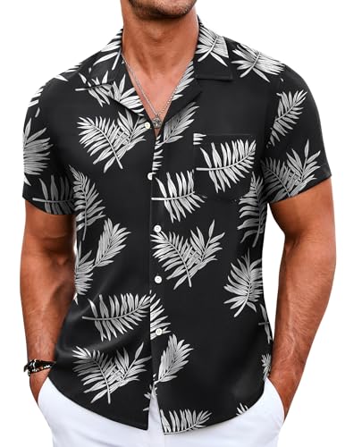 COOFANDY Hawaii Hemd Männer - Schwarz Palmblatt L - Kurzarm mit Taschen - Hawaiihemd Freizeithemd Sommerhemd Männer Urlaub Party Hemd Strandhemd von COOFANDY