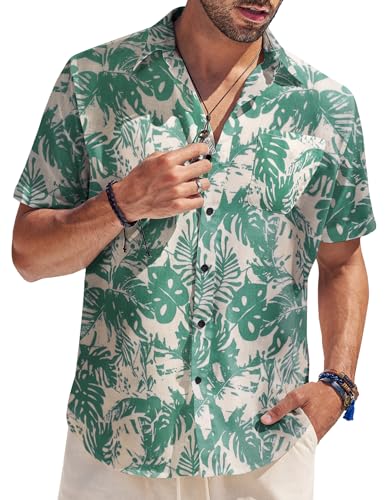 COOFANDY Hawaii Hemd Männer Hemd Herren Kurzarm Hemd Freizeit Sommerhemd Casual Strand Hemden Party Urlaubhemden Floral Shirt Blumen Aloha Shirts Beige & grüne Blume L von COOFANDY