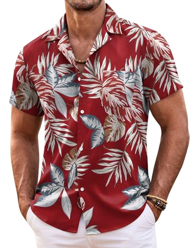 COOFANDY Hawaii Hemd Männer Kurzarm Hemden Herren Leichte Sommerhemden Strand Blumen Hemd Freizeit Button Down Hawaiihemd Urlaub Kurzarmhemd Beach Hemd Rot- Blatt S von COOFANDY