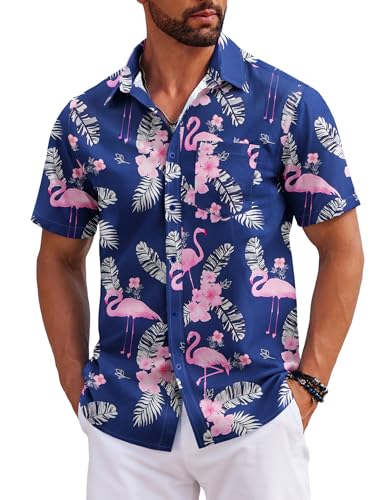 COOFANDY Herren Hemd Kurzarm Hawaii Strandhemd Blumenmuster Urlaub Flamingo Sommerhemd Hawaii Party Outfit CP12 3XL von COOFANDY