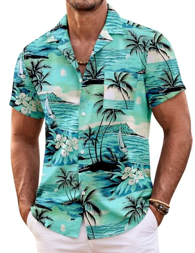 COOFANDY Hawaii Hemd Männer Kurzarm Sommer Hemd Hawaiihemd Kurzarm Freizeithemden Funky Strandhemd Kurzarmhemd Urlaubshemd Aloha Shirts Regular Fit Blaugrün- Palmen M von COOFANDY